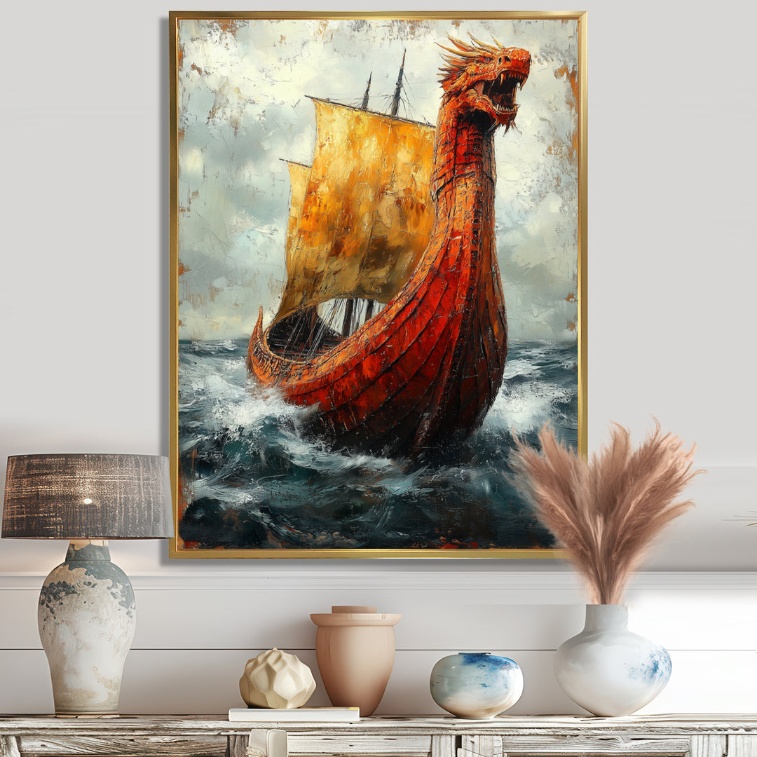 Yellow Vikings Boat Longship in Battle - Vikings Boat Canvas Wall Art