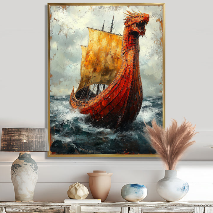 Yellow Vikings Boat Longship in Battle - Vikings Boat Canvas Wall Art