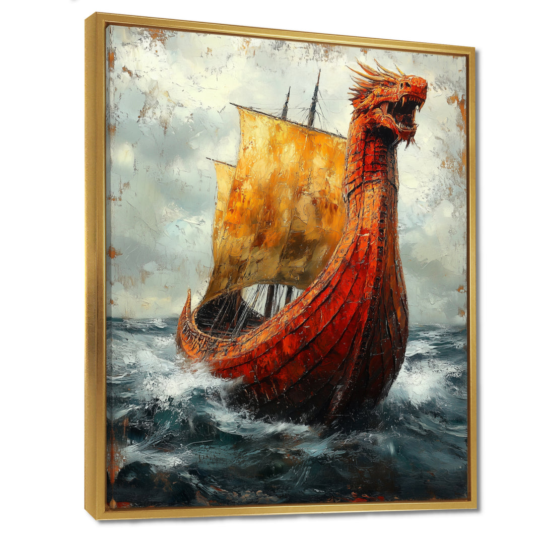 Yellow Vikings Boat Longship in Battle - Vikings Boat Canvas Wall Art