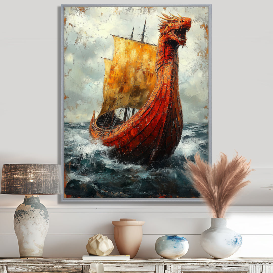 Yellow Vikings Boat Longship in Battle - Vikings Boat Canvas Wall Art