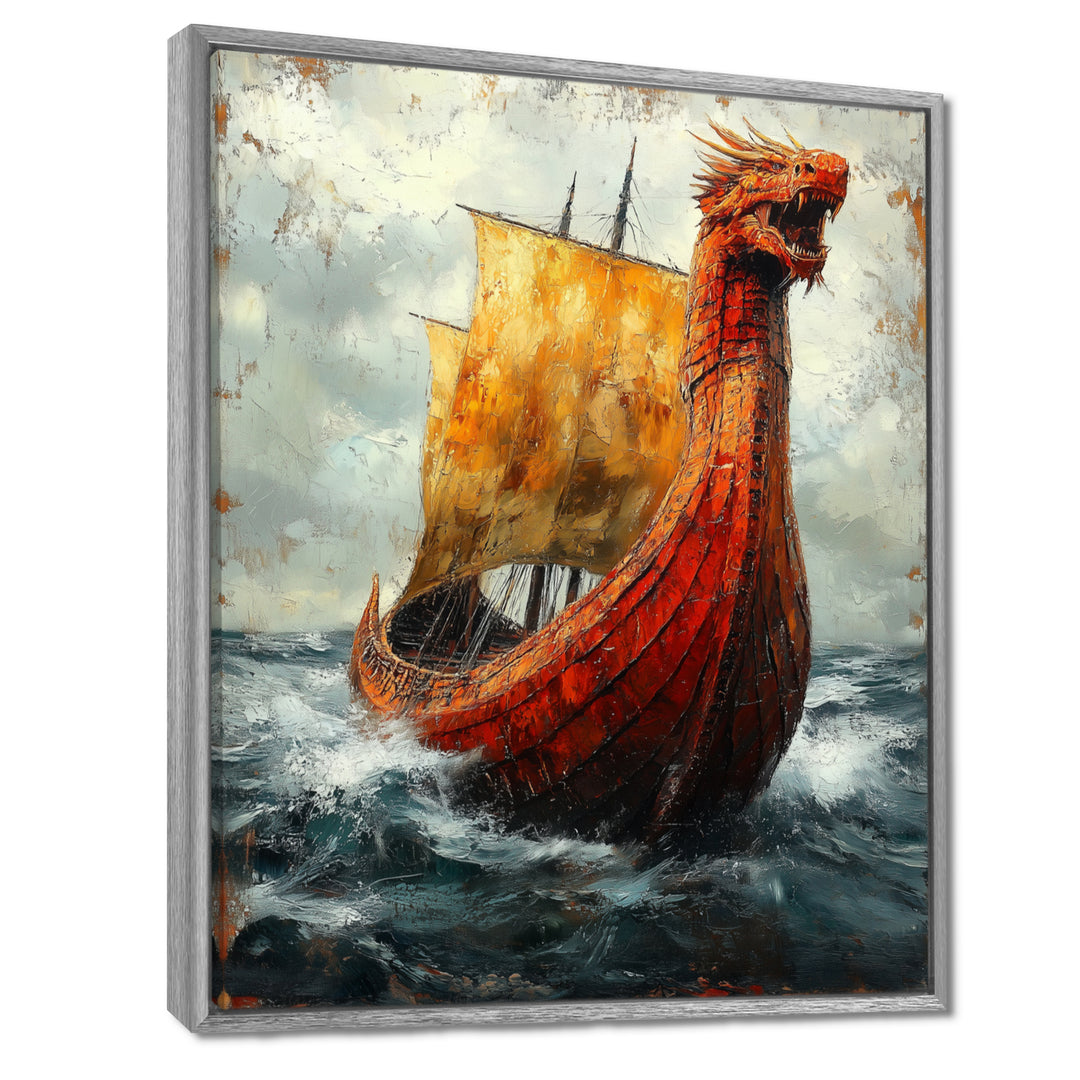 Yellow Vikings Boat Longship in Battle - Vikings Boat Canvas Wall Art