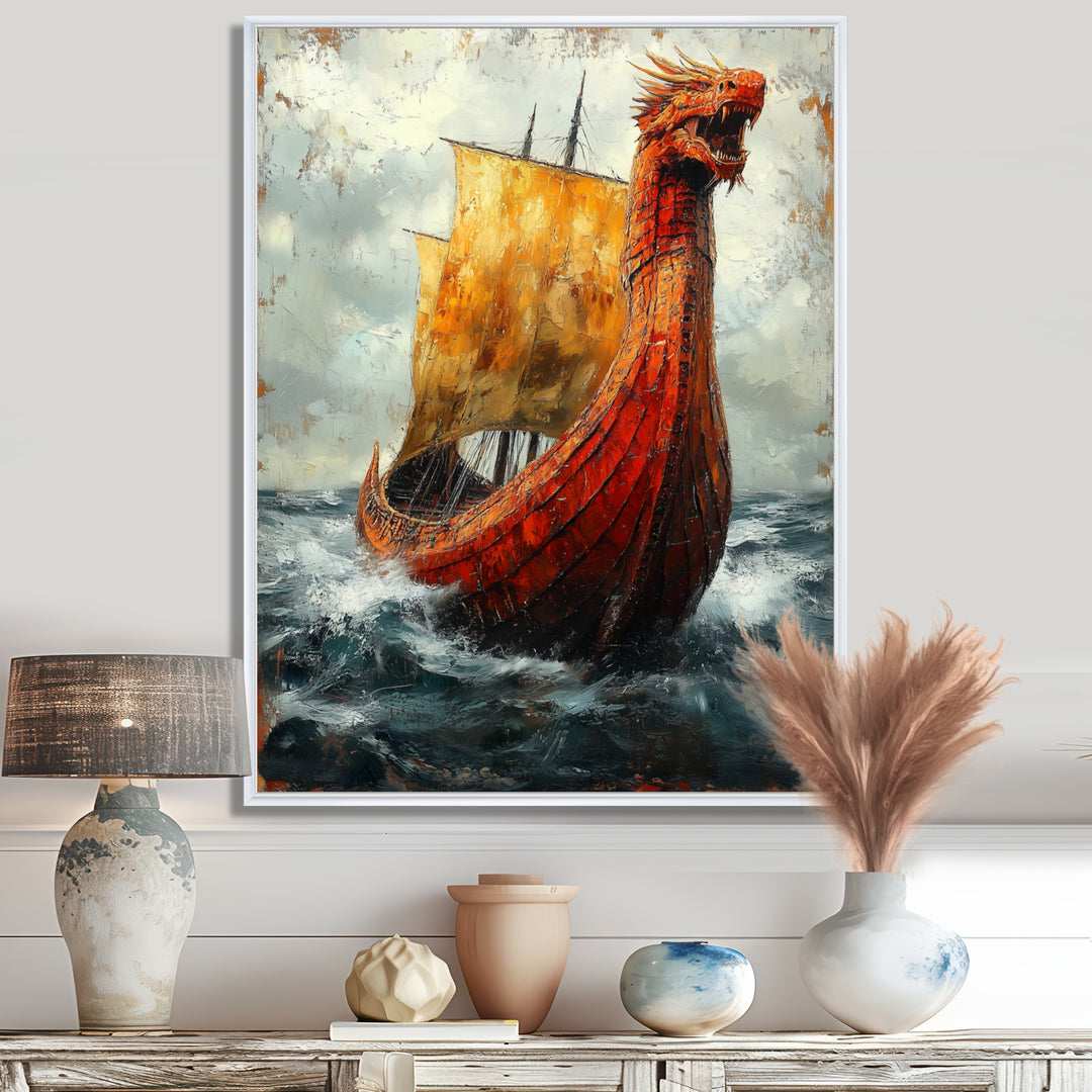 Yellow Vikings Boat Longship in Battle - Vikings Boat Canvas Wall Art