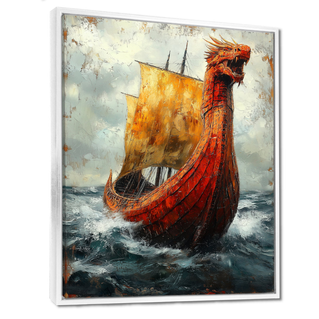 Yellow Vikings Boat Longship in Battle - Vikings Boat Canvas Wall Art