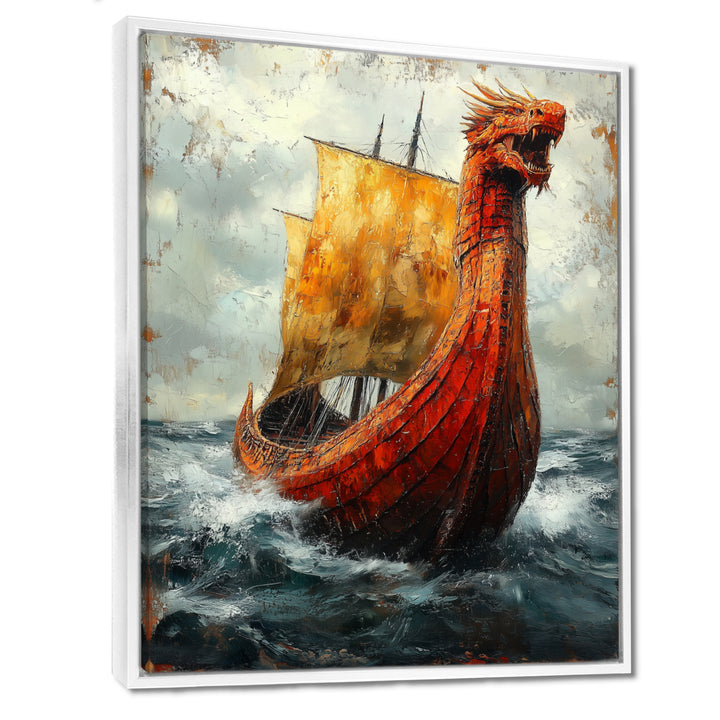 Yellow Vikings Boat Longship in Battle - Vikings Boat Canvas Wall Art