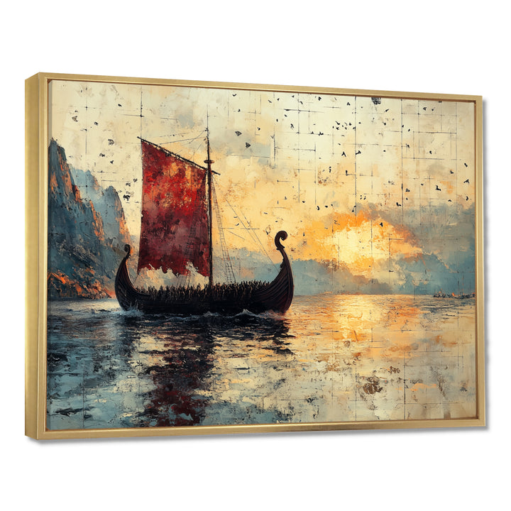 Red Vikings Boat Viking Sailors Life At Sea - Vikings Boat Canvas Wall Art