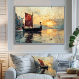 Red Vikings Boat Viking Sailors Life At Sea - Vikings Boat Canvas Wall Art