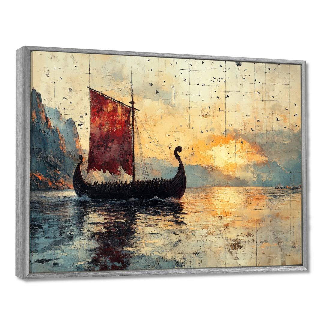Red Vikings Boat Viking Sailors Life At Sea - Vikings Boat Canvas Wall Art