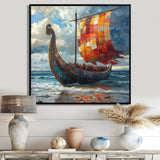 Orange Vikings Boat Viking Warriors On The Beach I - Vikings Boat Canvas Wall Art