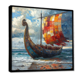 Orange Vikings Boat Viking Warriors On The Beach I - Vikings Boat Canvas Wall Art