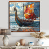 Orange Vikings Boat Viking Warriors On The Beach I - Vikings Boat Canvas Wall Art