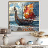 Orange Vikings Boat Viking Warriors On The Beach I - Vikings Boat Canvas Wall Art