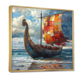 Orange Vikings Boat Viking Warriors On The Beach I - Vikings Boat Canvas Wall Art