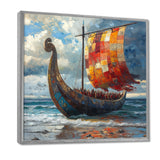 Orange Vikings Boat Viking Warriors On The Beach I - Vikings Boat Canvas Wall Art