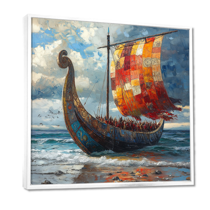 Orange Vikings Boat Viking Warriors On The Beach I - Vikings Boat Canvas Wall Art