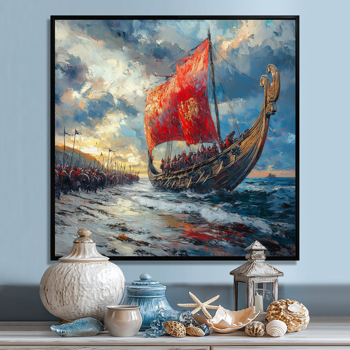 Red Vikings Boat Viking Warriors On The Beach - Vikings Boat Canvas Wall Art