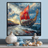 Red Vikings Boat Viking Warriors On The Beach - Vikings Boat Canvas Wall Art