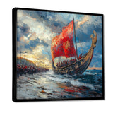 Red Vikings Boat Viking Warriors On The Beach - Vikings Boat Canvas Wall Art