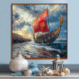 Red Vikings Boat Viking Warriors On The Beach - Vikings Boat Canvas Wall Art