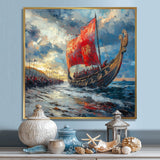 Red Vikings Boat Viking Warriors On The Beach - Vikings Boat Canvas Wall Art