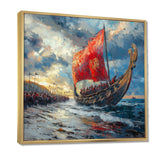 Red Vikings Boat Viking Warriors On The Beach - Vikings Boat Canvas Wall Art