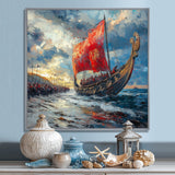 Red Vikings Boat Viking Warriors On The Beach - Vikings Boat Canvas Wall Art