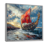 Red Vikings Boat Viking Warriors On The Beach - Vikings Boat Canvas Wall Art
