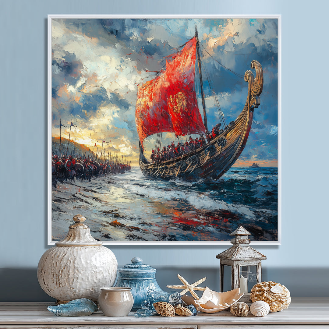 Red Vikings Boat Viking Warriors On The Beach - Vikings Boat Canvas Wall Art