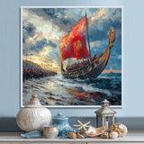 Red Vikings Boat Viking Warriors On The Beach - Vikings Boat Canvas Wall Art