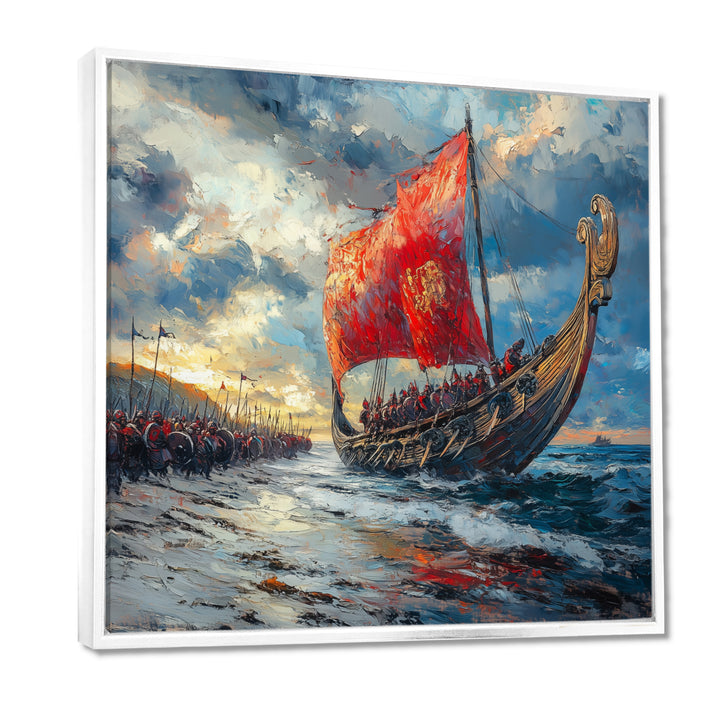 Red Vikings Boat Viking Warriors On The Beach - Vikings Boat Canvas Wall Art