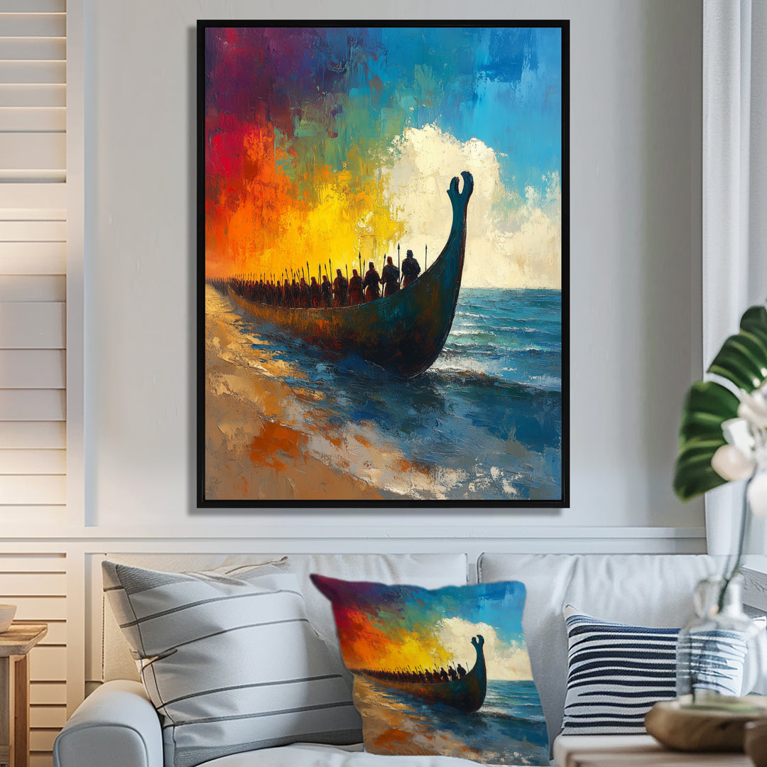 Black Vikings Boat Viking Warriors On The Beach - Vikings Boat Canvas Wall Art