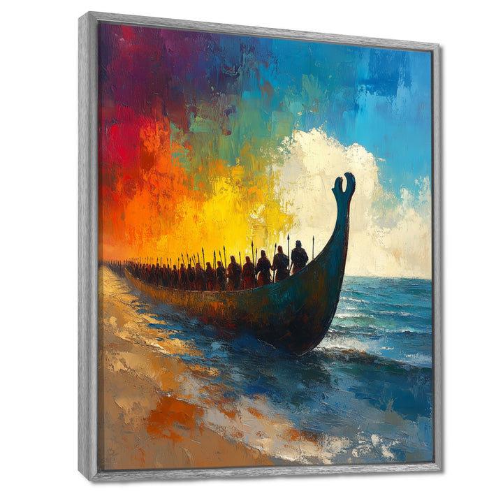 Black Vikings Boat Viking Warriors On The Beach - Vikings Boat Canvas Wall Art