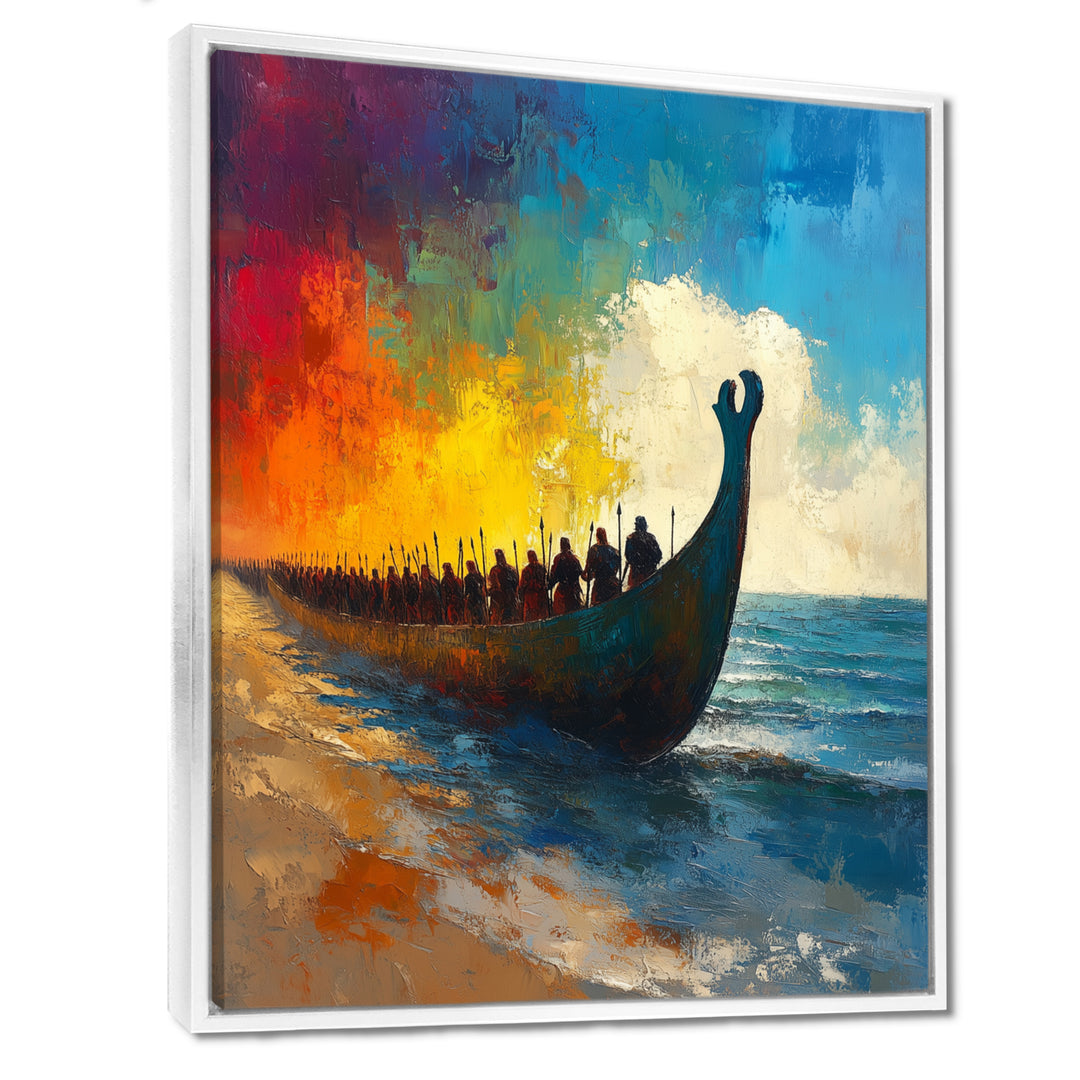Black Vikings Boat Viking Warriors On The Beach - Vikings Boat Canvas Wall Art