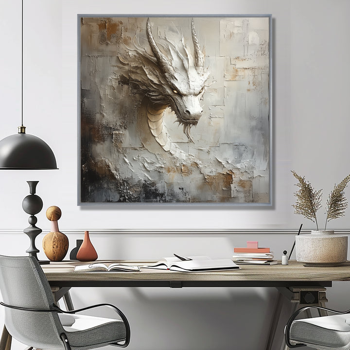 Mythology White Dragons Head - Dragons Living Room Wall Art