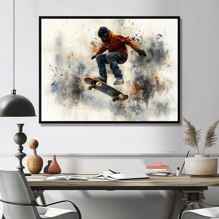 Black Skateboard Street Accented With Orange I - Skateboard Canvas Wall Art