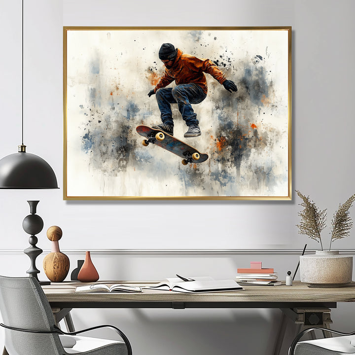 Black Skateboard Street Accented With Orange I - Skateboard Canvas Wall Art