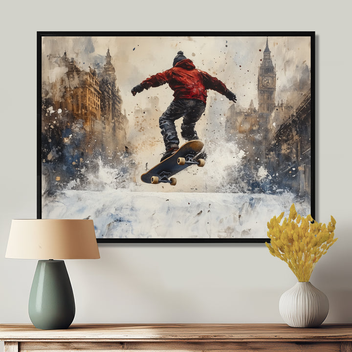 Black Skateboard Street Accented With Red - Skateboard Canvas Wall Art