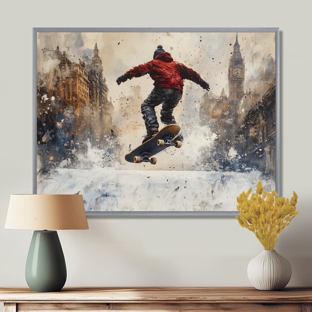 Black Skateboard Street Accented With Red - Skateboard Canvas Wall Art