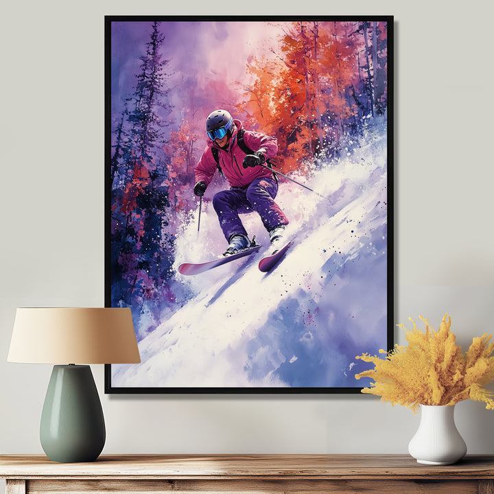 Purple Ski Slopestyle Accented With Orange I - Skiing Canvas Wall Art