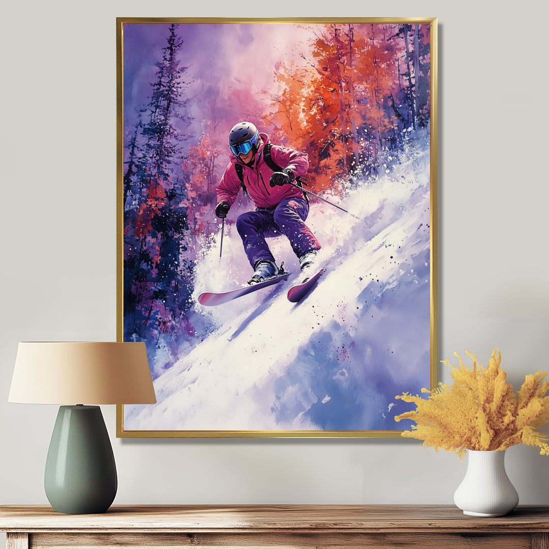 Purple Ski Slopestyle Accented With Orange I - Skiing Canvas Wall Art