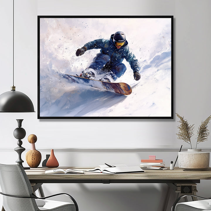 White Snowboard Big Air Mens Accented With Green - Winter Sport Canvas Wall Art