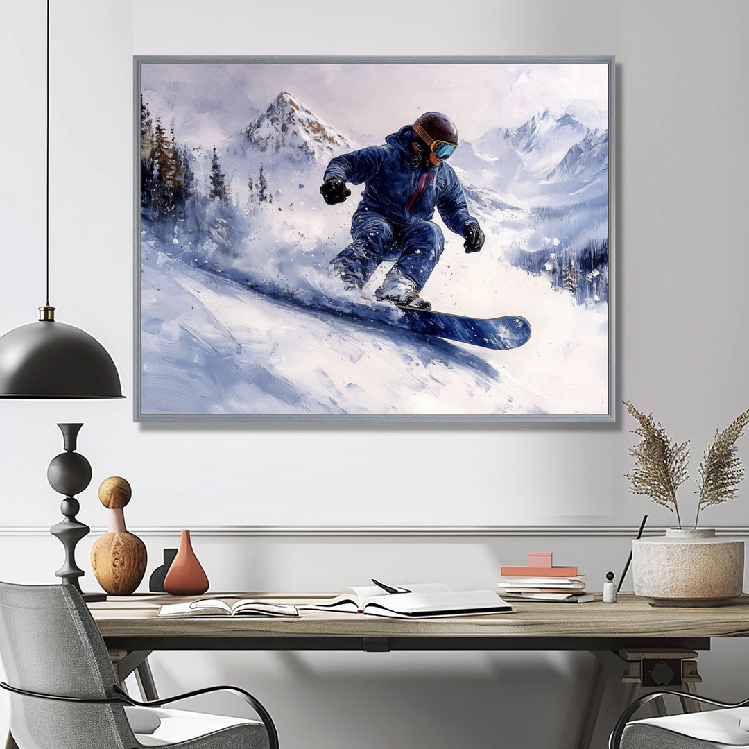 White Snowboard Big Air Mens Accented With Blue - Winter Sport Canvas Wall Art