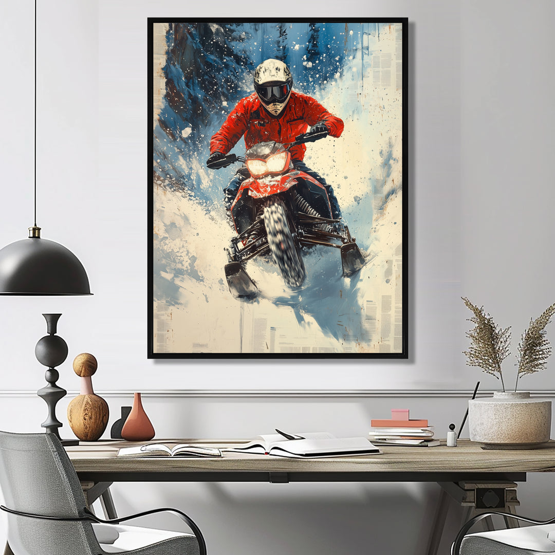 Red Snowmobile Freestyle Accented With Blue - Winter Sport Canvas Wall Art
