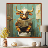Cute Cow Reading Newspaper In The Bathroom - White Cow Wall Art