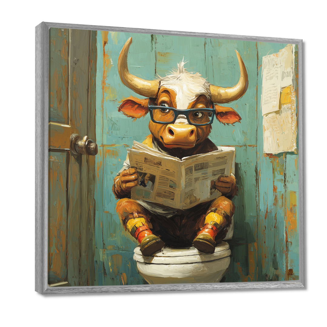 Cute Cow Reading Newspaper In The Bathroom - White Cow Wall Art