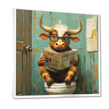Cute Cow Reading Newspaper In The Bathroom - White Cow Wall Art
