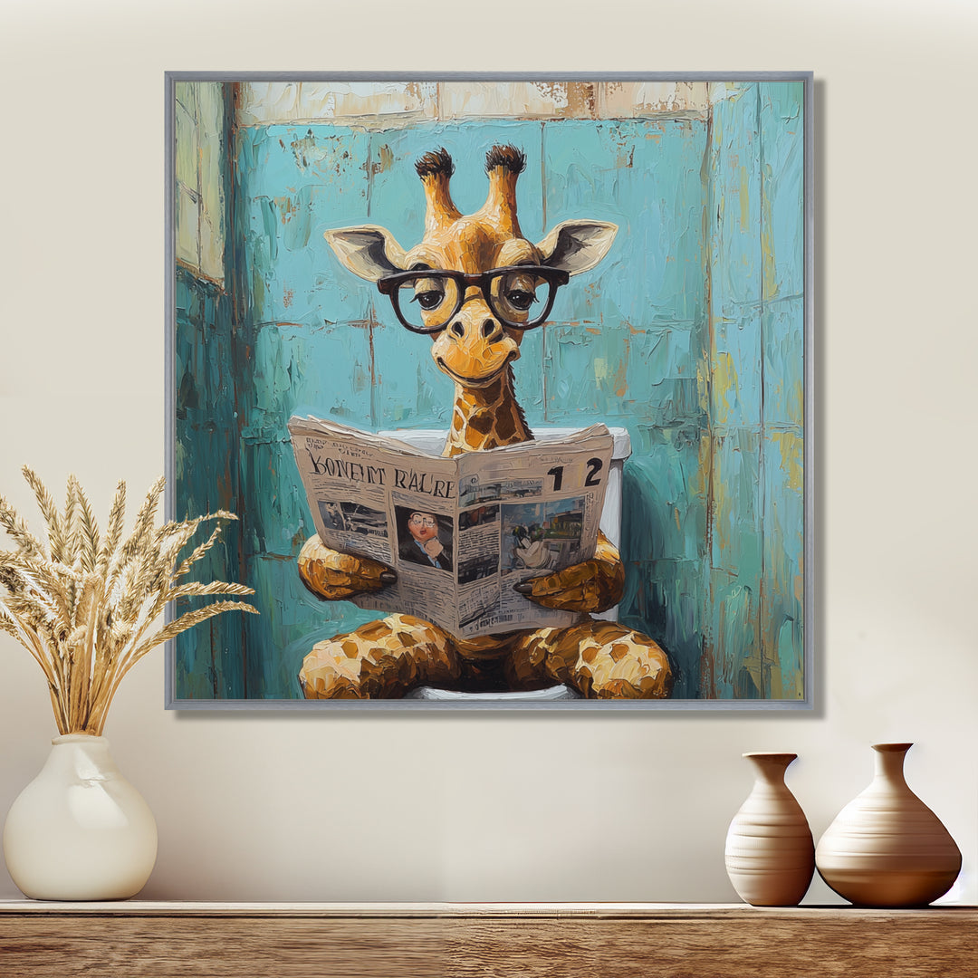 Giraffe Reading The News In The Bathroom - Brown Giraffe Wall Art