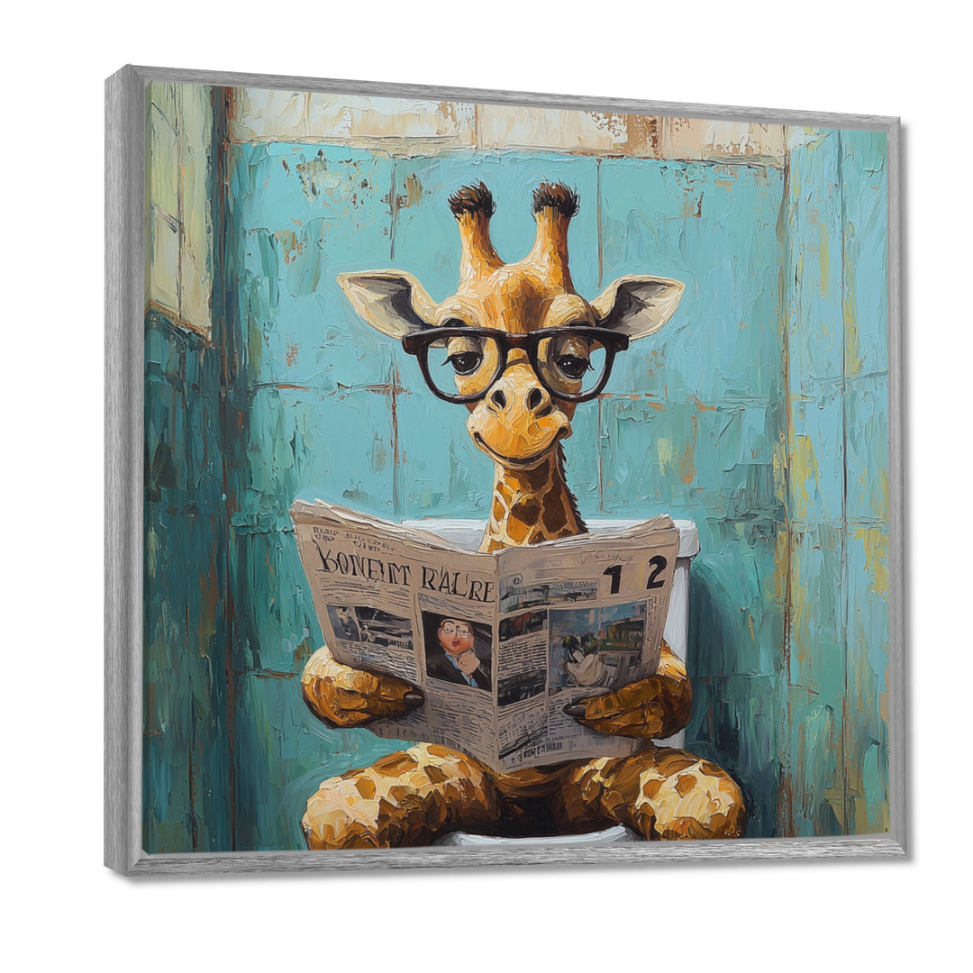 Giraffe Reading The News In The Bathroom - Brown Giraffe Wall Art