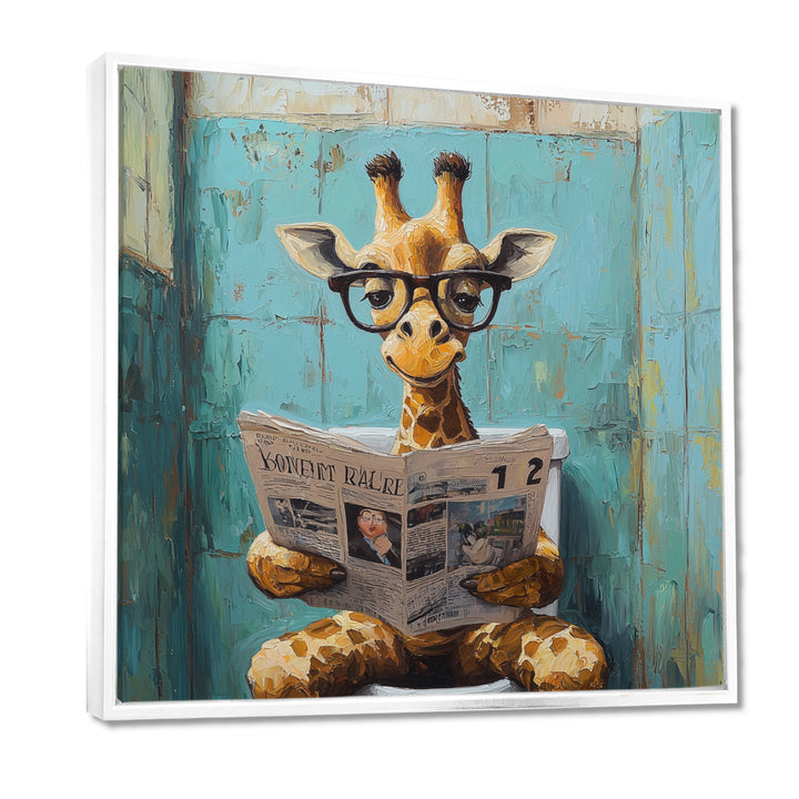 Giraffe Reading The News In The Bathroom - Brown Giraffe Wall Art
