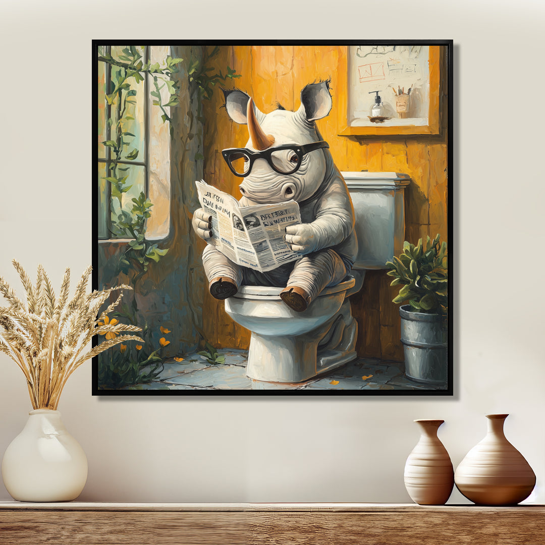 Cute Rhino Ready Newspaper On The Toilet - Rhino Canvas Wall Art