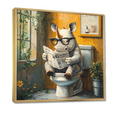 Cute Rhino Ready Newspaper On The Toilet - Rhino Canvas Wall Art